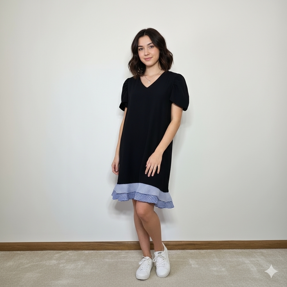 Zara Basic Black Dress with Blue Gingham Ruffle